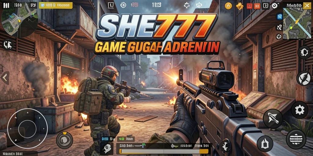 Screenshot utama SHE777 menampilkan aksi mendebarkan dalam permainan TPS.